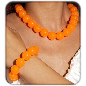 Women's Orange Handmade Chunky Beaded Large Round Beads Bracelet Necklace